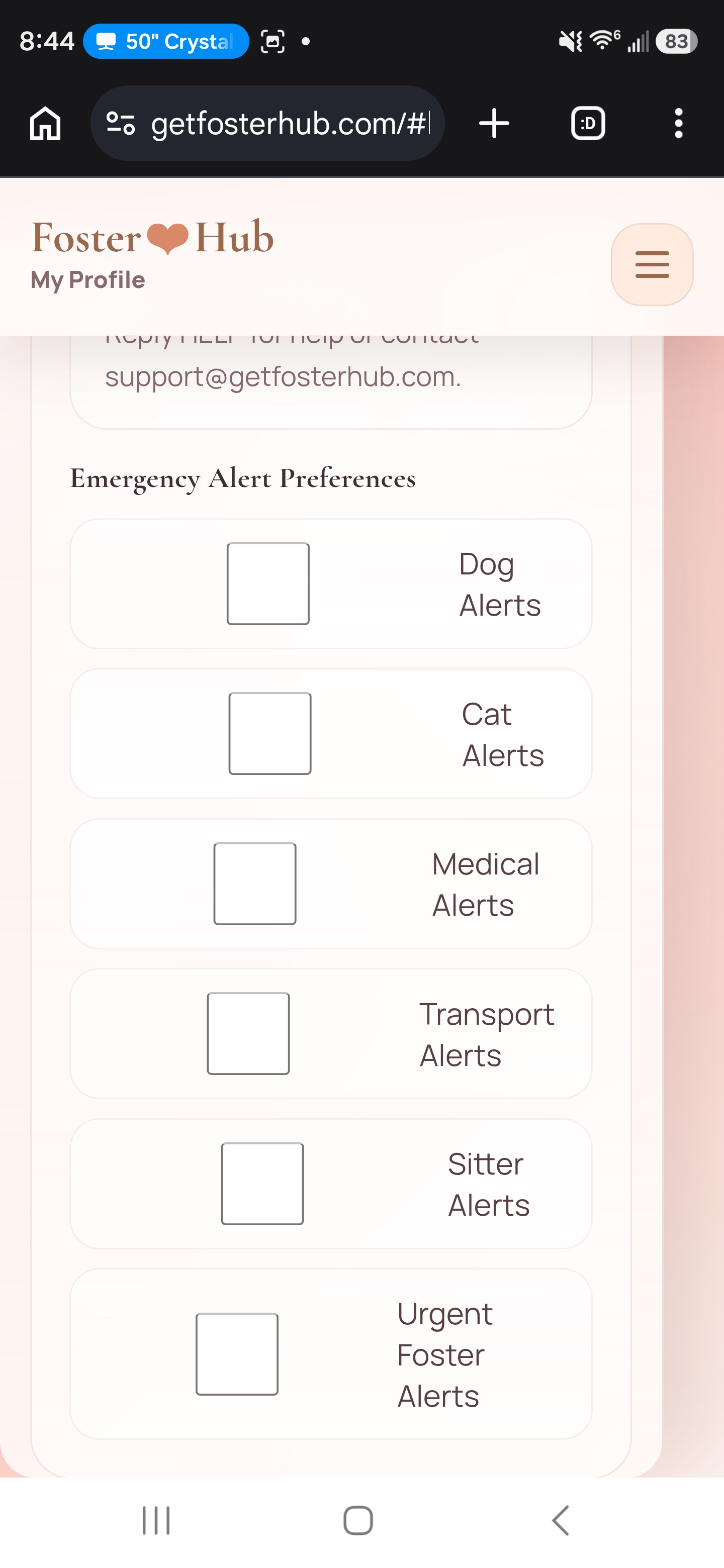 FosterHub emergency alert category preferences