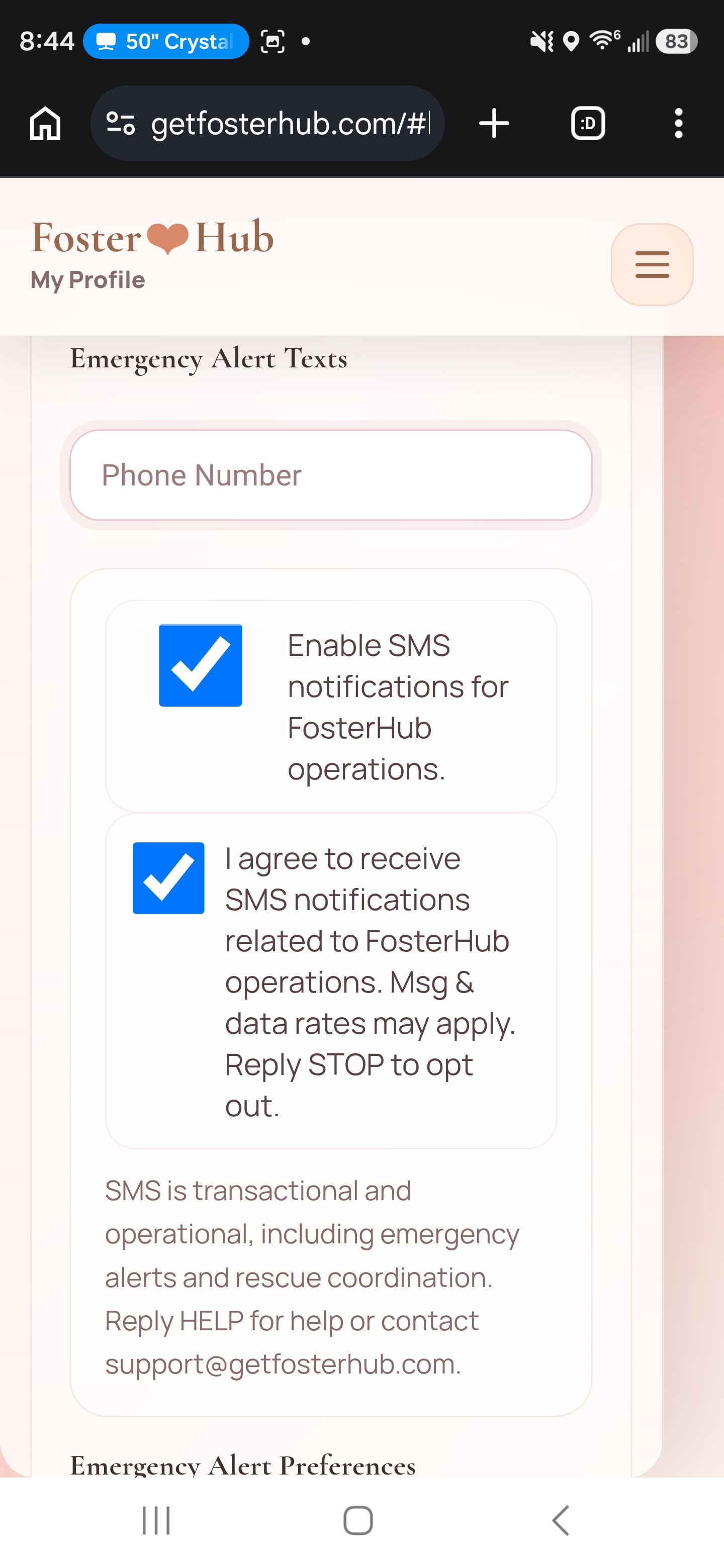 FosterHub profile phone number field and SMS consent checkbox